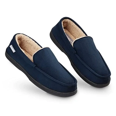 Bild av Dunlop Mockasins tofflor män Moccasin loafers faux fårskinns med gummisula Classic Memory Foam Plush House Andningsbara utomhusskor inomhus, 9 Storbritannien, Marin