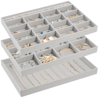 Bild av ProCase Smyckesbricka stapelbar smyckeslåda i sammet för byrå, garderob, smycken, organisering, visningsförvaringslåda örhängen, armband, ringar, kvinnor, flickor, set med 3 grå