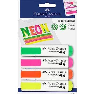 Bild av FABER CASTELL 159591 textilmärkpenna i neonfärger för ljusa tyger, 4 neonmärkpennor, 15 mm linjebredd
