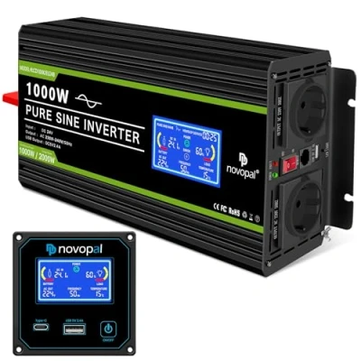 Bild av NOVOPAL Spänningsomvandlare 1000 W/2000 W 24V 230 V växelriktare dubbel USB power inverter med 2 uttag och LCD skärm, för bil, husvagn, båt, camping, resor