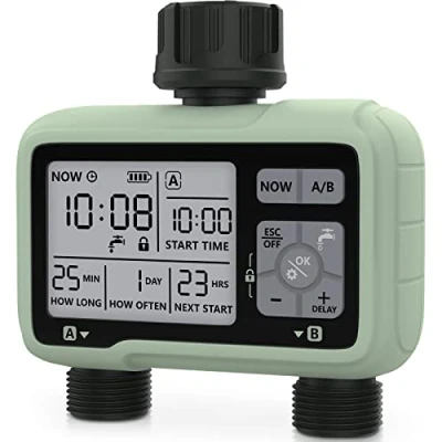 Bild av Kazeila vattennimer bevattningssystem, 2 uttag vattensprinkler timer gräsmatta och trädgårdsbevattningsutrustning/automatiskt vattningssystem/IPX5 vattentät/barnlåsläge/sprinkler för gräsmattor