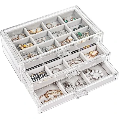 Bild av ProCase Smyckesorganiseringsbox med 3 lådor, akrylstapelbar smyckeshållare, genomskinliga örhängesfodral justerbara brickor för kvinnor på byrån och sminkbord grå, lager