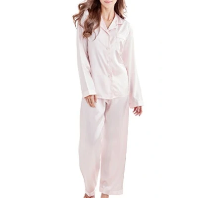 Bild av Pyjamasset för kvinnor satin långa nattkläder myskläder, Ljusrosa, M