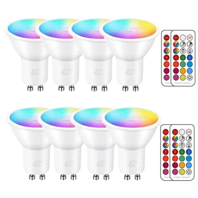 Bild av iLC LED GU10 färgskiftande spotlights, reflektorlampa, 5 W dimbar, varm vit (2 700 K) RGB lampa, 200 lumen, inklusive fjärrkontroll (8 stycken)