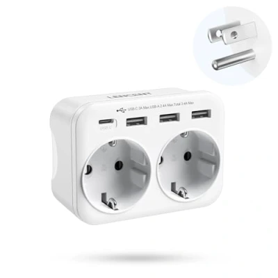Bild av LENCENT Reseadapter Sverige/EU till USA Adapter, Typ B Travel Adapter Plug med 1 USB C &amp; 3 A Portar, 6 i Socket Power Strömadapter för USA, Mexiko, Kanada, Thailand, Costa Rica, Vit