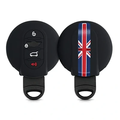 Bild av Kwmobile bilnyckelomslag kompatibel med mini 3 knappar smart nyckelbil nyckelfodral nyckel täcke union jack strip röd blå svart