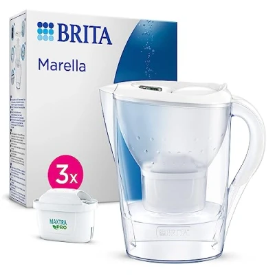 Bild av BRITA Vit Marella filterkanna (2,4 l) inkl. 3 patroner vattenfilter kran MAXTRA PRO All in 1 reducerad PFAS,kalksten, klor, vissa föroreningar och metaller tidsindikator, miljöförpackning