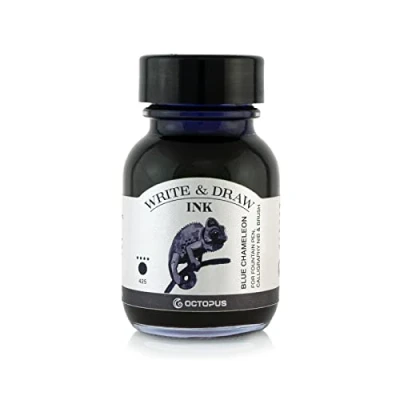 Bild av Octopus Write and Draw Ink 425 Blue Chameleont, vattenfast bläck för skrivning och teckning, kalligrafibläck, ljusäkta ritbläck reservoarpenna, glaspenna, pensel, 50 ml