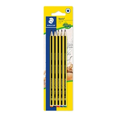 Bild av STAEDTLER Noris 120, tillverkad av Upcycled Wood, halkfri mjuk yta, hög bokhållfasthet, kvalitet i Tyskland, blisterkort med 5 stycken (1 x 2B, B, HB, H, 2 H), 120 S BK5D