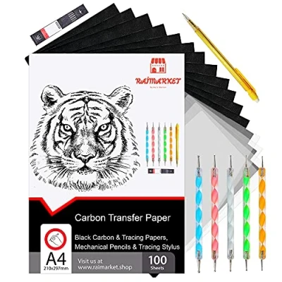 Bild av Raimarket Svart Kolpapper, 100 A4 Papper Kopieringspapper För Tyger, Överföringspapper Tyger Och Kalkerpapper Ark Grafitpapper Trä Kolpapper Mönster