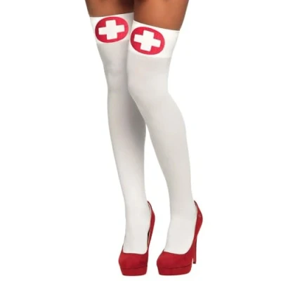 Bild av Boland 02254 Strumpor sjuksköterska, töjbara overknees, 100% nylon, strumpor, med rött kors, tillbehör, kostym, karneval, temafest, temafest