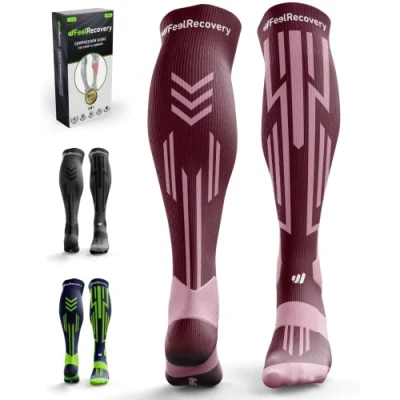 Bild av Sport Compression Strumporför Män &amp; Kvinnor Höga Strumpor Vaderna Vid LöPning, Crossfit, Fotboll Sportstrumpor Idrott Och Återhämtning Långa Som Andas Merinoull (rosa/burgundy, M)