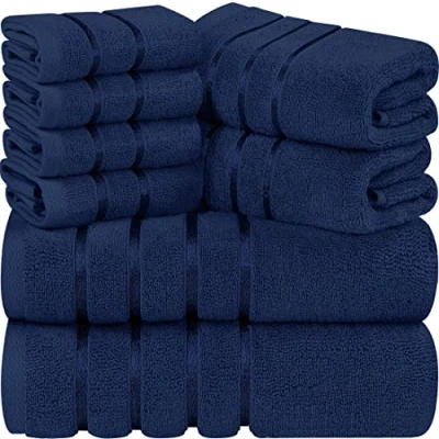 Bild av Utopia Towels 8 delat lyxigt handduksset, 2 badhanddukar, handdukar och 4 tvättlappar, 97% bomull, högabsorberande viskosstrimmiga handdukar, idealiska för daglig användning (navu blå)