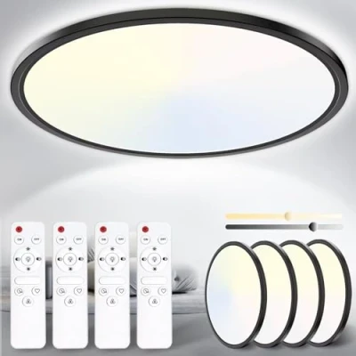 Bild av Yexati 4 st dimbar LED taklampa, 24 W, 3 200 LM, badrum, med fjärrkontroll 0006 500 K, IP54, taklampa för sovrum, kök, vardagsrum, Vitt, Ø 29,5 cm (‎svart, 4x pièces)