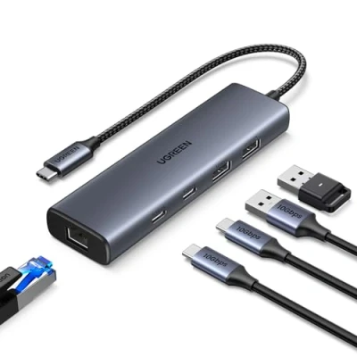 Bild av UGREEN USB C 3.2 Hub LAN adapter Ethernet med 2xUSB port och A portar, till RJ45 Gigabit nätverksadapter kompatibel iPhone/iPad, bärbar dator under Windows, Mac OS, Linux.