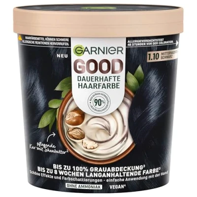 Bild av Garnier GOOD permanent hårfärg 1,10 midnatts svart färg utan ammoniak, upp till 100% grå täckning, 1 st.
