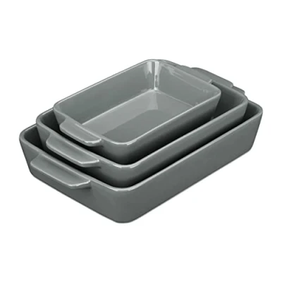 Bild av Relaxdays Ugnsformsset, keramik, 3 storlekar, fyrkantig, ugnsform för lasagne, Gratin, Tiramisu, diskmaskinssäker, grå