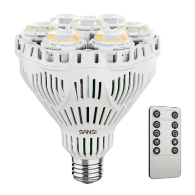 Bild av SANSI 40W Dimbar LED Växtlampa för Inomhusväxter, Fullspektrum E27 Odlingslampa med Fjärrkontroll, 4/8/12H Timer, 4 Ljusstyrkenivåer, 4000K Växtbelysning Hög PPF 63μmol/s (Ø11,6 * 13,8cm)