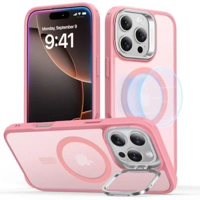 Bild av ESR fodral med stativ för iPhone 16 Max, Magsafe Halolock, militärklassskydd, inbyggt kamera ringhållare, matt rosa