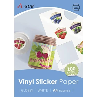 Bild av A SUB Vit glansigt premium vattentätt utskrivbart vinyldekalpapper, självhäftande vinyletiketter för bläckstråleskrivare, A4 storlek, 100 ark