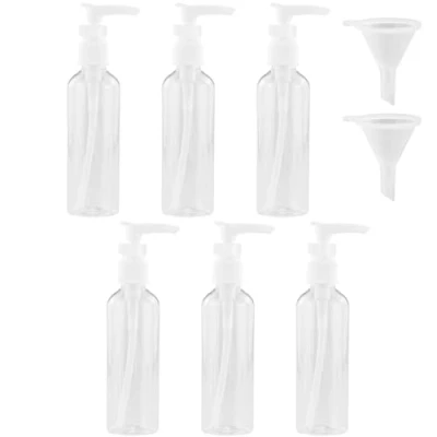 Bild av HXMJIED 6 st genomskinliga reseflaskor, 100 ml pump sprayflaska set, plast reseflaska påfyllningsbara flytande behållare med 2 trattar, tom