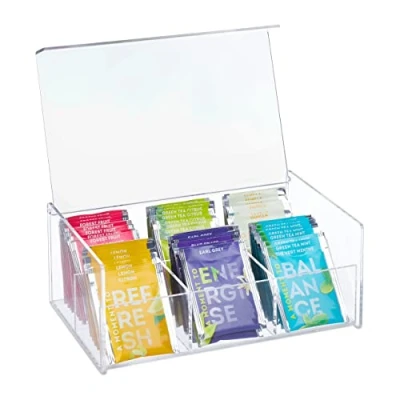 Bild av Relaxdays Tebox, akryl, 6 fack, teburk med lock, H x B D: 9 22 14,5 cm, tepåse förvaringslåda, transparent