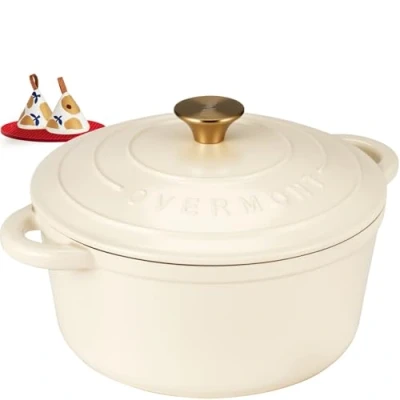 Bild av Overmont 5 l emaljerad gjutjärn rund gryta med lock kokbok och bomullspytlappar non stick holländsk ugn köksredskap för flätning, grytor, rostning, brödbakning vit, 26 cm