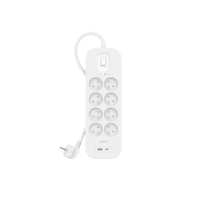 Bild av Belkin grenuttag överspänningsskydd med 8 eluttag, för väggmontering 2 m strömsladd och grön indikeringslampa USB C A port PD snabbladdning 900 Joule skydd