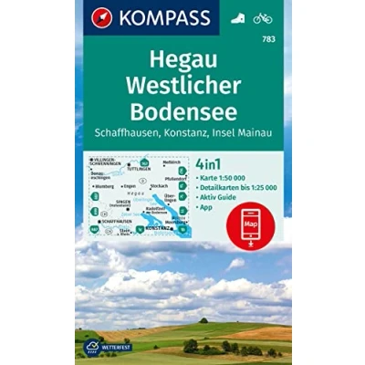 Bild av KOMPASS Wanderkarte 783 Hegau Westlicher Bodensee, Schaffhausen, Konstanz, Insel Mainau 1:50.000: 4in1 Wanderkarte, mit Aktiv Guide und Detailkarten ... Verwendung in der App. Fahrradfahren.