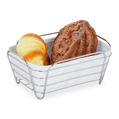Bild av Relaxdays Brödkorg i metall med tyginsats, fyrkantig, frukostkorg för bröd och bröd, HBD: 10 x 23,5 17 cm, vit