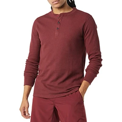 Bild av Amazon Essentials herr normal passform långärmad våffla Henley skjorta, vinröd, XX Large