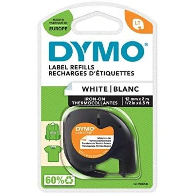 Bild av DYMO LetraTag Iron On Fabric Labels Original 12 mm x 2 m rulle Svart utskrift på vitt Strykbara klädetiketter för märkmaskiner S0718850