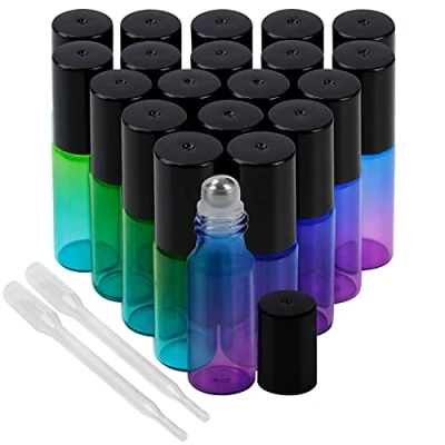 Bild av Belle Vous 20 Pack Glasflaskor med Roll On och Pipetter 5 ml Blå/Gröna Påfyllningsbar Rostfria Stålkulor Svart Lock Påfyllningsbara Tomma Flaskor för Aromaterapi Oljor