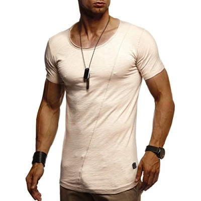 Bild av Leif Nelson t shirt män sommar rund hals 100 % bomull, regular fit herr krage, casual basic kortärmad, Beige, S