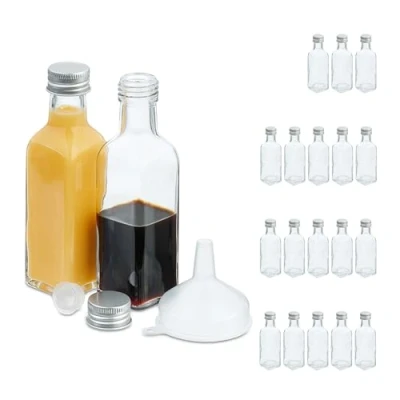 Bild av Relaxdays Små flaskor, set om 20, 100 ml, glasflaskor för fyllning, skruvlock och korkar, transparent/silver