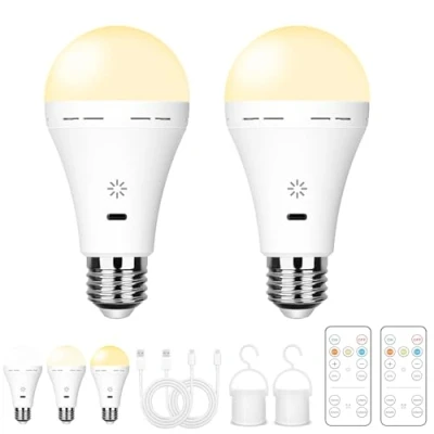 Bild av USB Uppladdningsbar Glödlampa Med Fjärrkontroll, 3 Färgtemperaturer, E27 LED Dimmbar Batterilampa, 7W Pekkontroll Timing Funktion, Nödljus Krokar, 2600mAh,2 pack