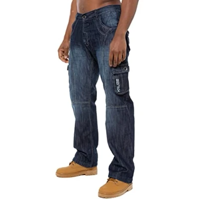Bild av BRAND KRUZE Herr Cargo Combat Denim Jeans KZ103 arbetsbyxor byxor alla midjestorlekar, Mörkblått, 34W x 30L