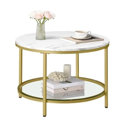 Bild av VASAGLE Soffbord, vardagsrumsbord, cocktailbord för soffa, fuskmarmor, runt, förvaringshylla i härdat glas, lätt att montera, modern stil, vardagsrum, vit marmor och blek guld, LCT072W59
