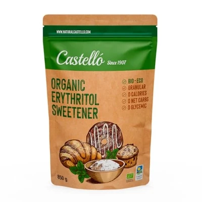 Bild av Sötningsmedel Erytritol Bio Ekologisk 10g = 7g socker 100% Naturligt Sockerersättning 0 Kalorier Glykemiskt Index Keto och Paleo Kolhydrater Ej GMO Castello since 1907 850 g