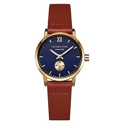 Bild av VICTORIA HYDE Retro elegant liten urtavla kvartsur för kvinnor utbytbar äkta läderrem mors dag gåvor, Brun, armband