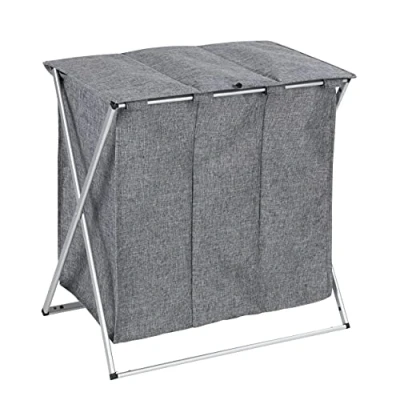 Bild av WENKO Trio Top grå melerad, stabil tvättkorg med lock och bärhandtag, gott om lagringsutrymme 118 l tre fack, platsbesparande vikbar (B x H D): 57 38 cm