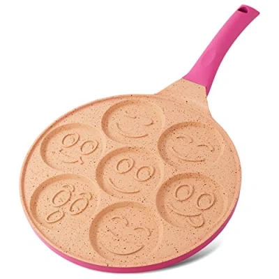 Bild av 7 håls pannkakspanna non stick lättviktsgjuten aluminium 26.6cm Induktion Mini Pancake Frying Pan Multipurpose Crepe med smileys för matlagning av fettsnåla ägg, pannkakor och crepes rosa
