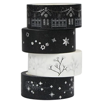 Bild av UOOOM 4 st Washi tejp juldekoration svart och vit silverfolie design, maskeringspapper klistermärke självhäftande för dekoration scrapbooking gör det själv hantverk gåva (silver)