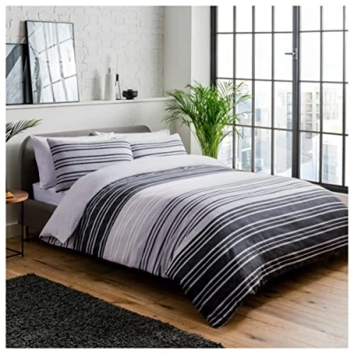 Bild av Sleepdown påslakanset texturerad rand vändbart påslakan lättskött sängkläder mjuka mysiga med örngott svartgrå enkel (135 cm x 220 cm)