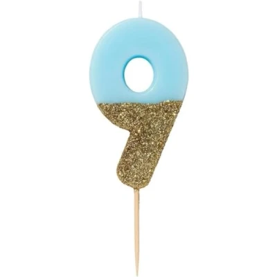 Bild av Blue Number 9 födelsedagsljus med guldglitter tårtdekoration av premiumkvalitet vacker, glittrande för barn, vuxna, pojkar, 9:e, 90:e födelsedagsfest, årsdag, milstolpe ålder
