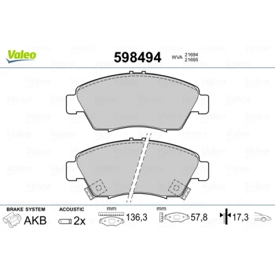 Bild av VALEO 598494 Jeu de plaquettes frein Essieu avant contact signal d&#039;usure inclus sans tôle anti bruit HONDA: CIVIC 7 Hatchback, 6 Hatchback