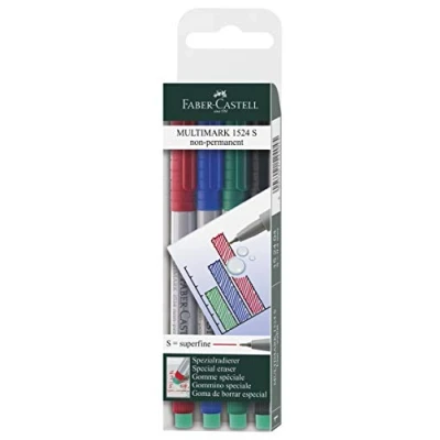 Bild av Faber Castell 152404 Märkpenna Multimark non permanent, styrka S, 4 fodral, innehåll vardera 1 x röd, blå, grön, svart