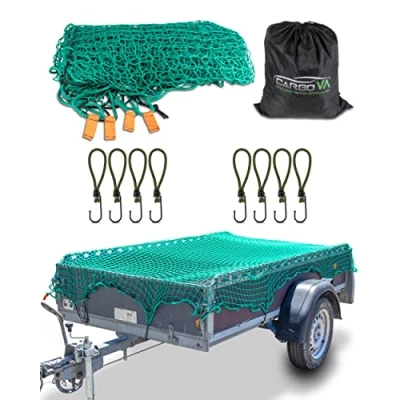 Bild av CargoVA® Intelligent trailer net 2x4M släpvagnsnät med gummirep, hörnmarkering, väska och krok för perfekt lastsäkring.