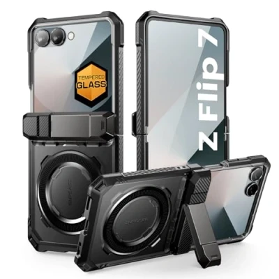 Bild av SUPCASE Fodral för Samsung Galaxy Z Flip 7 med stöd och Härdat glasskärmskydd [Kompatibelt MagSafe] [Skydd Gångjärn] Genomskinligt Militärgradigt Skydd på Baksidan (Svart)