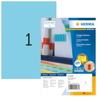 Bild av HERMA 4403 färgade etiketter A4 (210 x 297 mm, 100 ark, papper, matt) självhäftande, utskrivbara, permanenta färgetiketter, klistermärken, blå